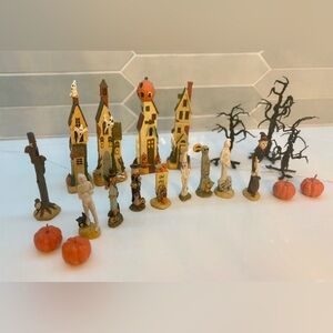 Vintage Ceramic Halloween Miniature Village Houses, Figurines, & Trees,20 pieces